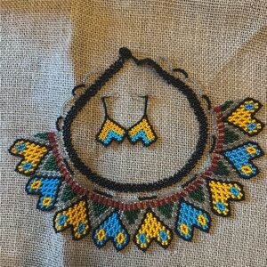Handcrafted Embera Beaded Necklace and Earring Set - Black, Yellow, Blue